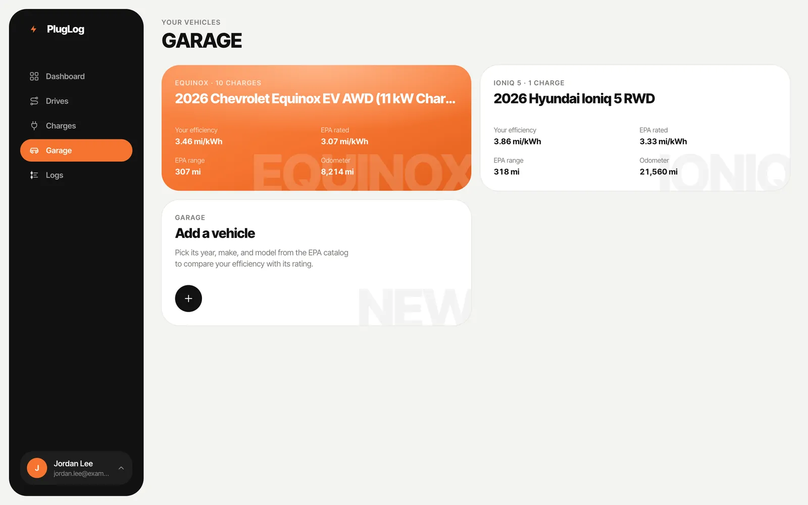 The garage page: two vehicles, each with real-world efficiency next to its EPA rating, range and odometer